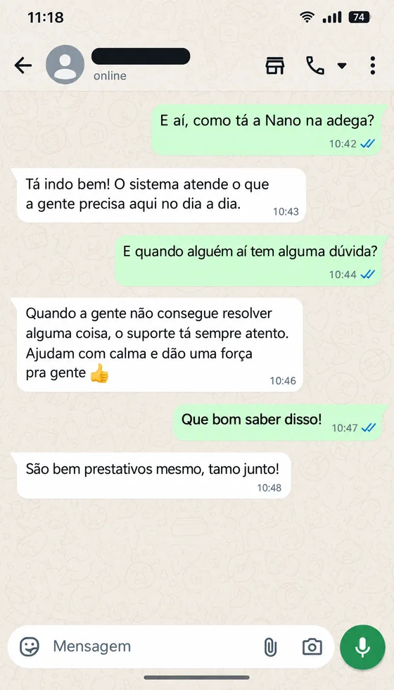 Conversa recriada com base em avaliações de adegas sobre o sistema atender às necessidades e o suporte ser atento e prestativo.