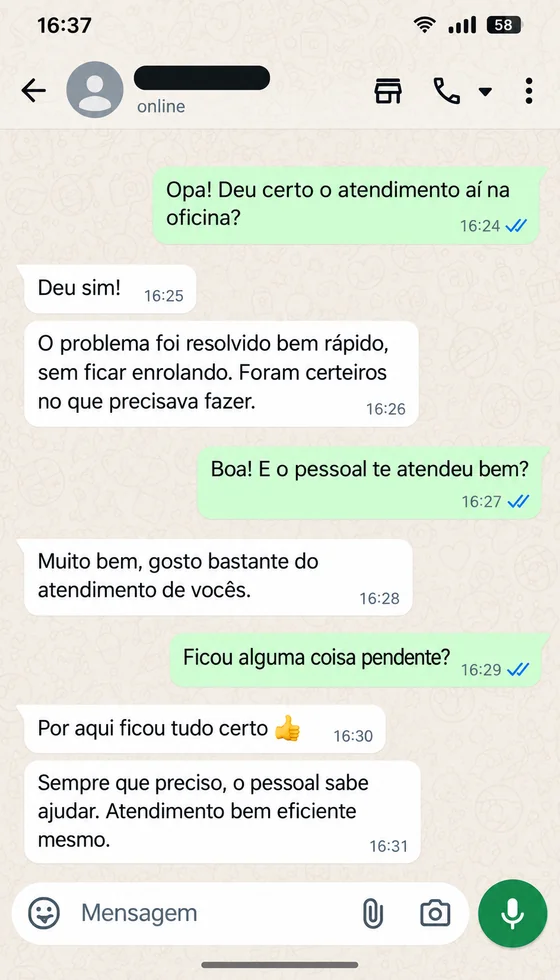 Conversa recriada com base em avaliações de oficinas sobre resolução rápida, eficiência e bom atendimento.